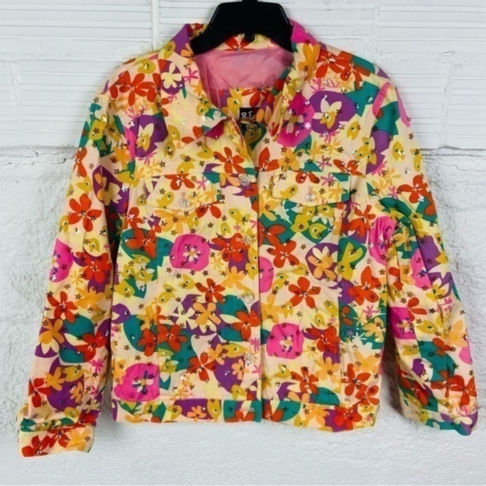 Red Multicolor Floral sequin Women's stretch Jean Jacket size 10